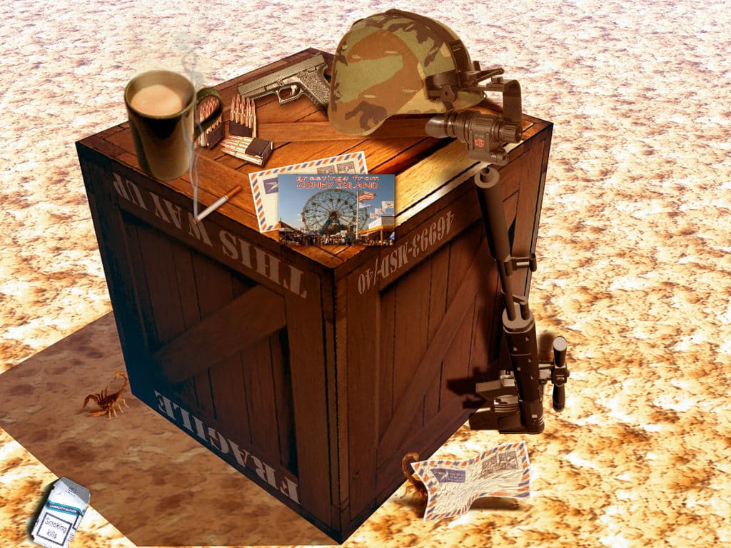 Ein Bild, das eine Kiste mit einer Mütze, einer Pistole, mehreren Mützen, Papieren und einem Schlüssel zeigt.