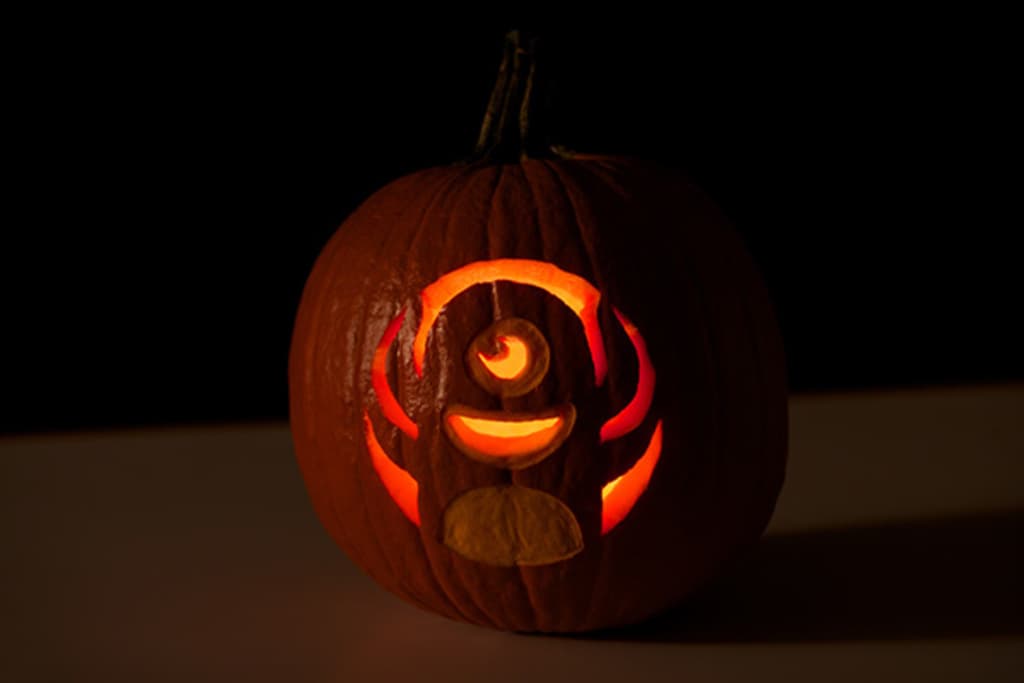 Ein einzelner Kürbis vor einem neutralen Hintergrund.