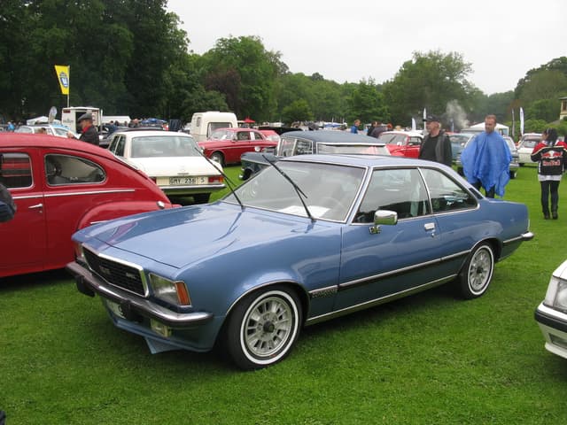 Mehrere Fahrzeuge und Menschen versammeln sich auf grünem Gras unter einer gelben Fahne, mit Bäumen und einem rauchigen Himmel im Hintergrund.