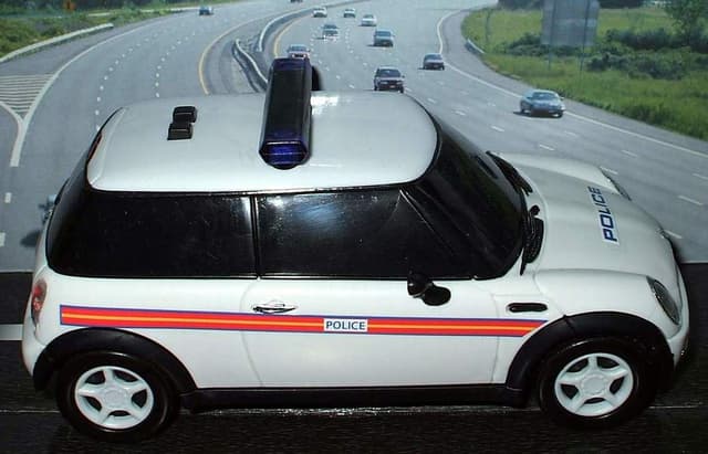 Ein weißer Polizeiwagen parkt vor einer befahrenen Straße mit fahrenden Fahrzeugen, umgeben von Gras und Bäumen auf beiden Seiten, in einer ländlichen Umgebung.