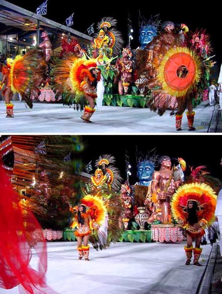 Ein Collage mit Menschen, die auftreten, einer Statue und einem Gebäude.