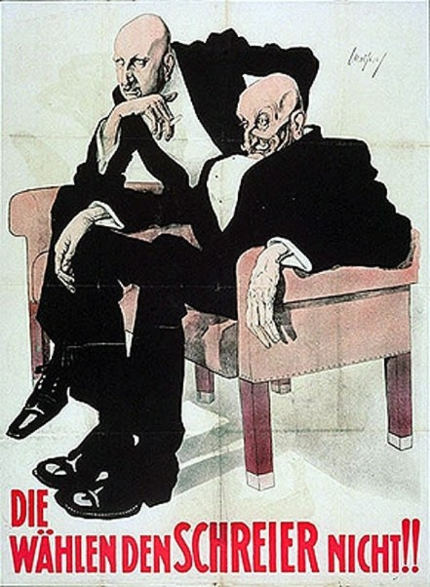 Deutsches Propagandaplakat für die NSDAP mit zwei Männern auf einem Sofa und Text, der die Partei bewirbt.