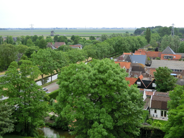 Ein Wohngebiet mit Häusern, Bäumen und Autos auf der Straße, mit Türmen und einer Windmühle im Hintergrund.