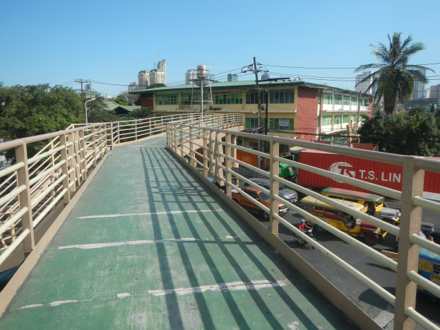 Eine Fußgängerbrücke mit Geländern überspannt eine von Bäumen gesäumte Straße mit Gebäuden und Strommasten gegen einen Himmel als Hintergrund, mit Fahrzeugen auf der Straße.