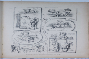 Ein aufgeschlagenes Buch auf einer flachen Oberfläche zeigt eine Zeichnung von Kindern, die in einem üppigen Garten spielen, mit Bäumen und Sträuchern im Hintergrund.