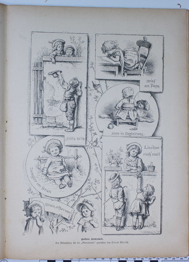 Ein aufgeschlagenes Buch auf einer flachen Oberfläche zeigt eine Zeichnung von Kindern, die in einem üppigen Garten spielen, mit Bäumen und Sträuchern im Hintergrund.