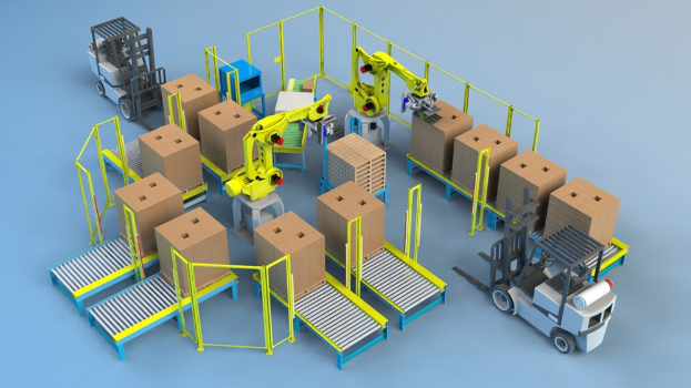 Gruppe automatisierter Roboter, die auf einem Förderband in einem Lager arbeiten und Kartons mit Fahrzeugen auf dem Boden bearbeiten.