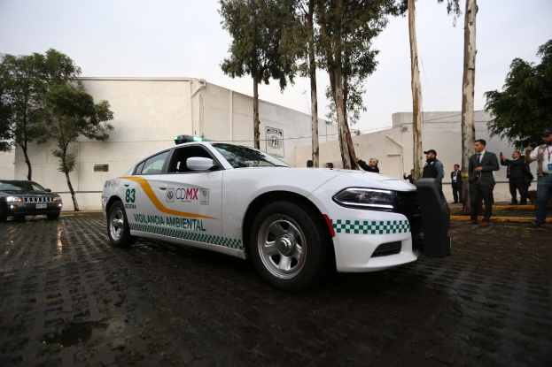 Weißer Polizeiwagen vor einem Gebäude mit einer Gruppe von Menschen in verschiedenen Kleidern und Mützen, Bäumen und einem klaren blauen Himmel in Mexiko-Stadt.