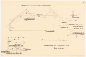 Schwarzes und weißes Architekturzeichnung eines Hauses mit einem geneigten Dach, beschriftet als erster Grundriss, begleitet von detailliertem Text und strukturellen Anmerkungen auf altem Papier.