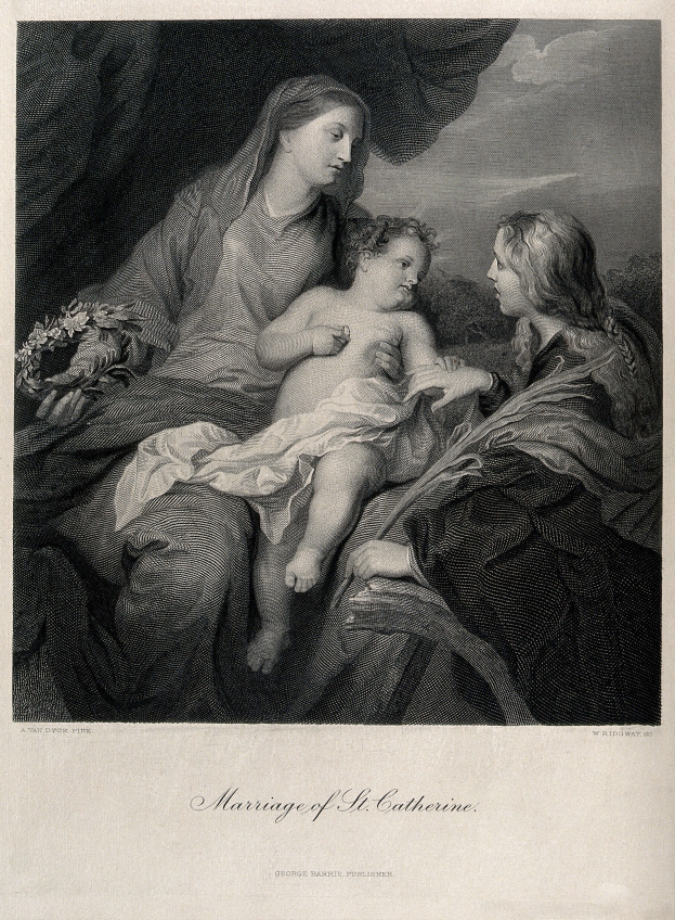 Eine Frau mit einem Baby in den Armen wird von zwei anderen Frauen flankiert, mit dem Text "Hochzeit von St. Catherine" unten in einem Schwarz-Weiß-Bild.