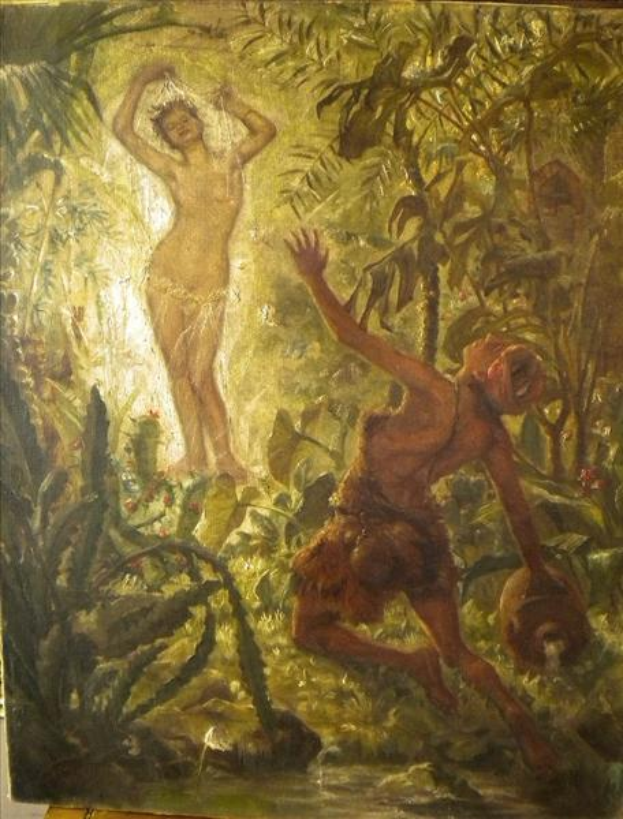 Ein Gemälde eines Mannes und einer Frau in Not umgeben von üppiger Dschungelvegetation, mit leuchtenden Farben und detaillierten Elementen.
