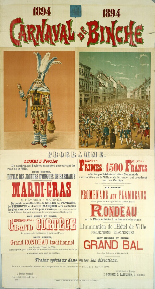Ein altes Plakat, das ein Karneval in Banche, Frankreich, bewirbt und Illustrationen von Menschen, Gebäuden und Text enthält.