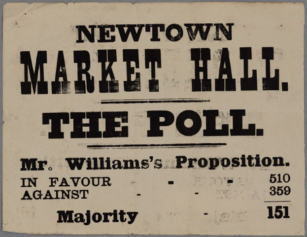 Papier mit handgeschriebenem Text, der "Neustadt Markt, die Wahl, Mr. Williams' Proposition für gegen Mehrheit" liest.