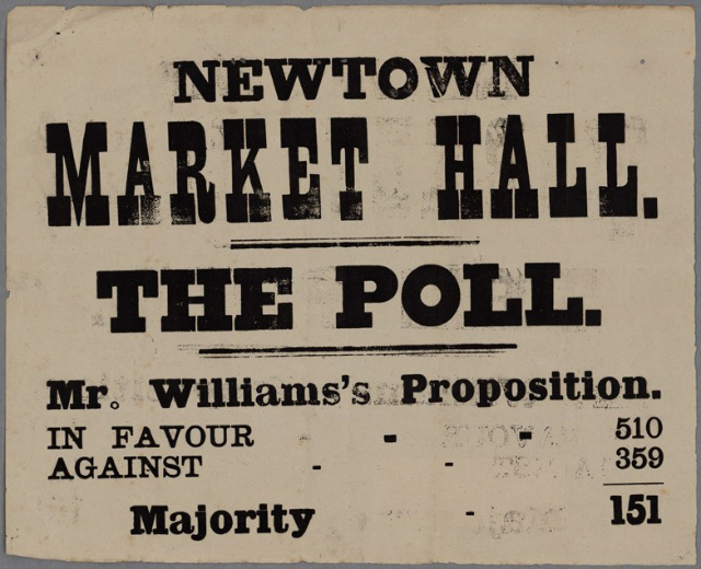 Papier mit handgeschriebenem Text, der "Neustadt Markt, die Wahl, Mr. Williams' Proposition für gegen Mehrheit" liest.
