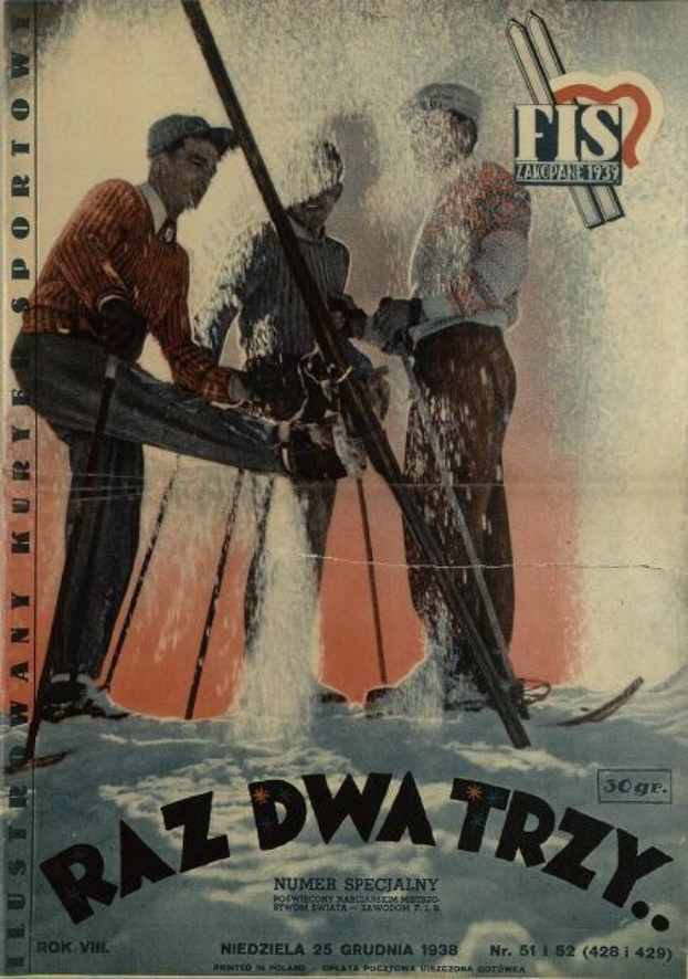 Plakat für einen tschechischen Skiort aus dem Jahr 1938 mit drei Skifahrern und der Aufschrift "Raz Dwa Trzy" oben.