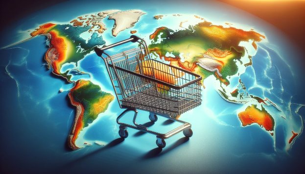 Ein Einkaufswagen voller Lebensmittel vor einer Weltkarte, symbolisiert die Rolle des E-Commerce in der globalen Wirtschaft.