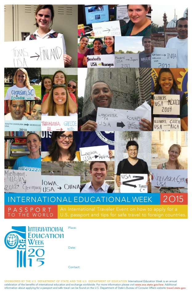 Plakat zur Internationalen Bildungswoche 2015 mit einer Gruppe strahlender Menschen, die Schilder halten und Text mit Informationen zum Event.