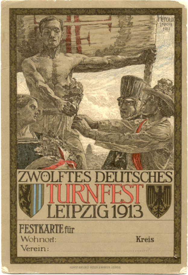 Ein Vintage-Plakat für das Zwölfte Deutsche Turnfest Leipzig 1913, das eine Gruppe von Menschen in der Mitte und Text über das Ereignis zeigt.