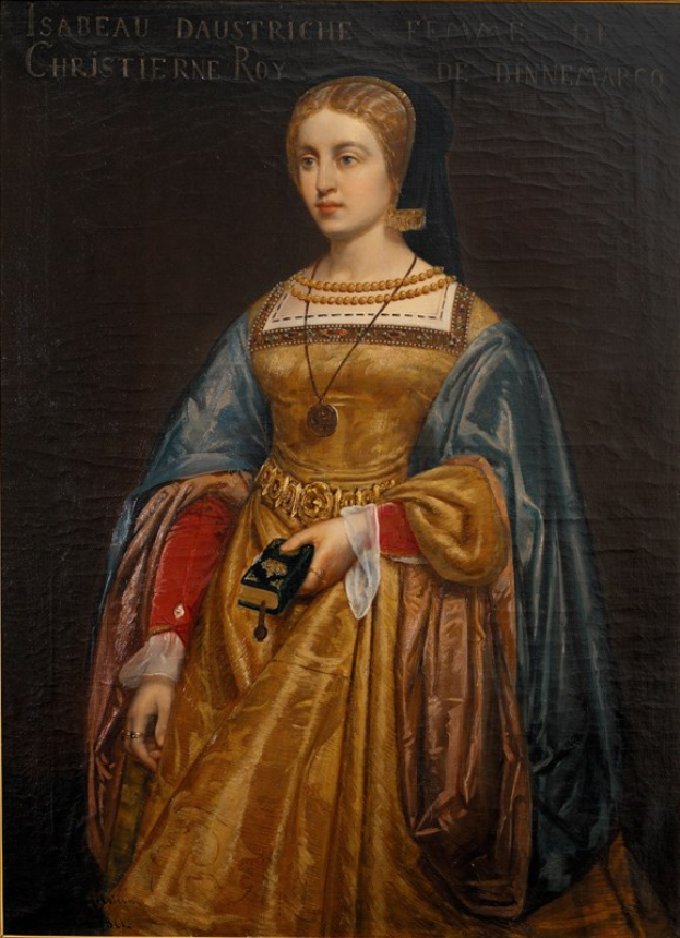 Gemälde von Isabella daustriche in einem goldenen Kleid mit feinen Details, ihr Haar zu einem ordentlichen Knoten gebunden, mit einer majestätischen und friedlichen Miene, von Christierne Roy.