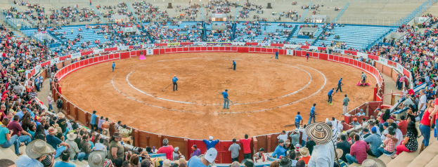 Eine große Menschenmenge schaut bei einem Stierkampf im Stadion zu, einige stehen, sitzen oder halten Gegenstände, und eine Person mit Hut unten.
