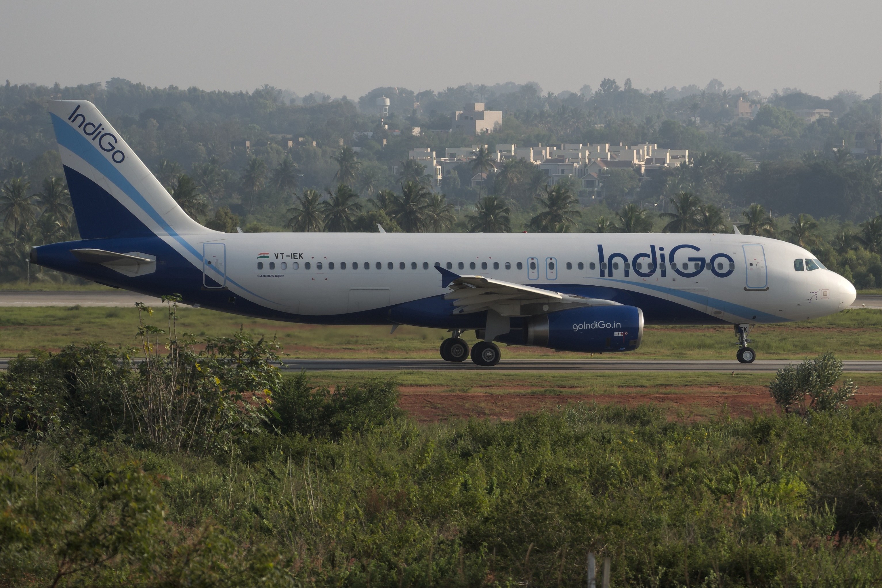 Indigo Airlines Airbus A320-200 auf dem Mumbai Airport-Flughafen mit Grünfläche, fernen Bäumen, Gebäuden und klarem blauen Himmel.