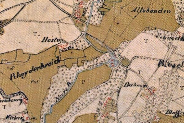 Alte detaillierte Karte von Rheyderard mit Straßen, Gebäuden und Sehenswürdigkeiten mit Text zur Ortsangabe.