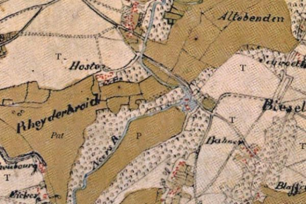 Alte detaillierte Karte von Rheyderard mit Straßen, Gebäuden und Sehenswürdigkeiten mit Text zur Ortsangabe.