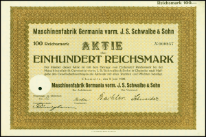 Ein altes deutsches Aktienzertifikat mit goldener Einfassung und schwarzer Schrift.
