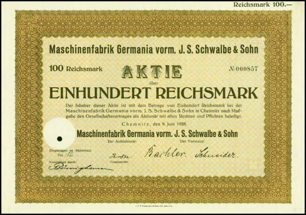 Ein altes deutsches Aktienzertifikat mit goldener Einfassung und schwarzer Schrift.