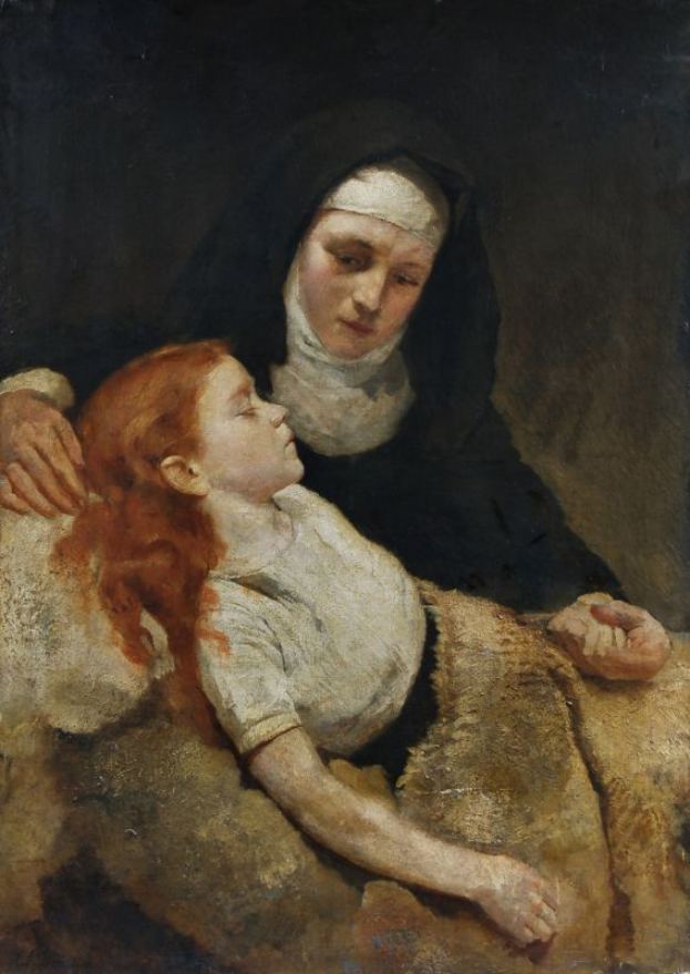 Ein Gemälde namens 'Mutter und Kind' von Jean-Baptiste-Camille Corot, das eine Frau in einem weißen Kleid zeigt, die ein Kind hält, beide mit sanften Gesichtern, vor einem dunklen Hintergrund.