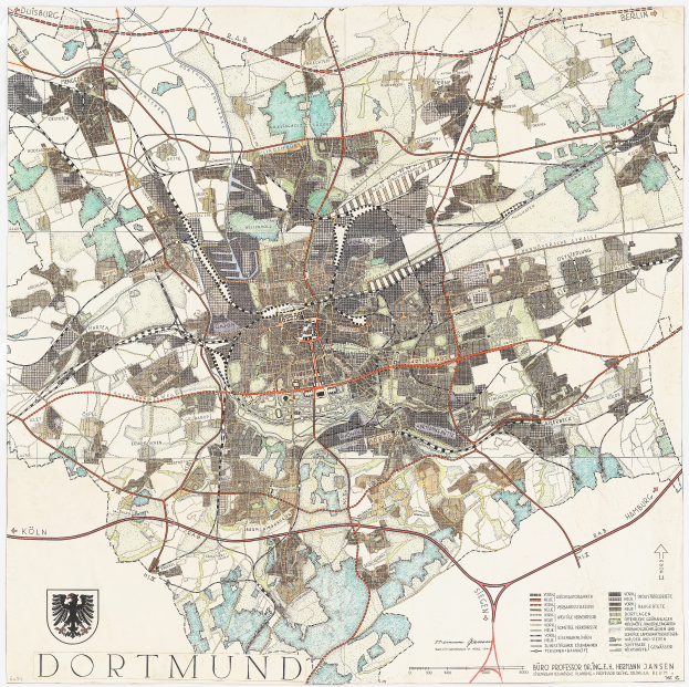 Ein alter Stadtplan der Stadt Dortmund, Deutschland, gedruckt auf einem Poster mit einem Logo und Text unten.