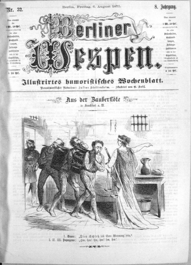 Schwarze und weiße Zeitung vom 6. August 1875 mit der ├ťberschrift "Berliner Wespen", die eine besorgte Gruppe von Menschen zeigt.