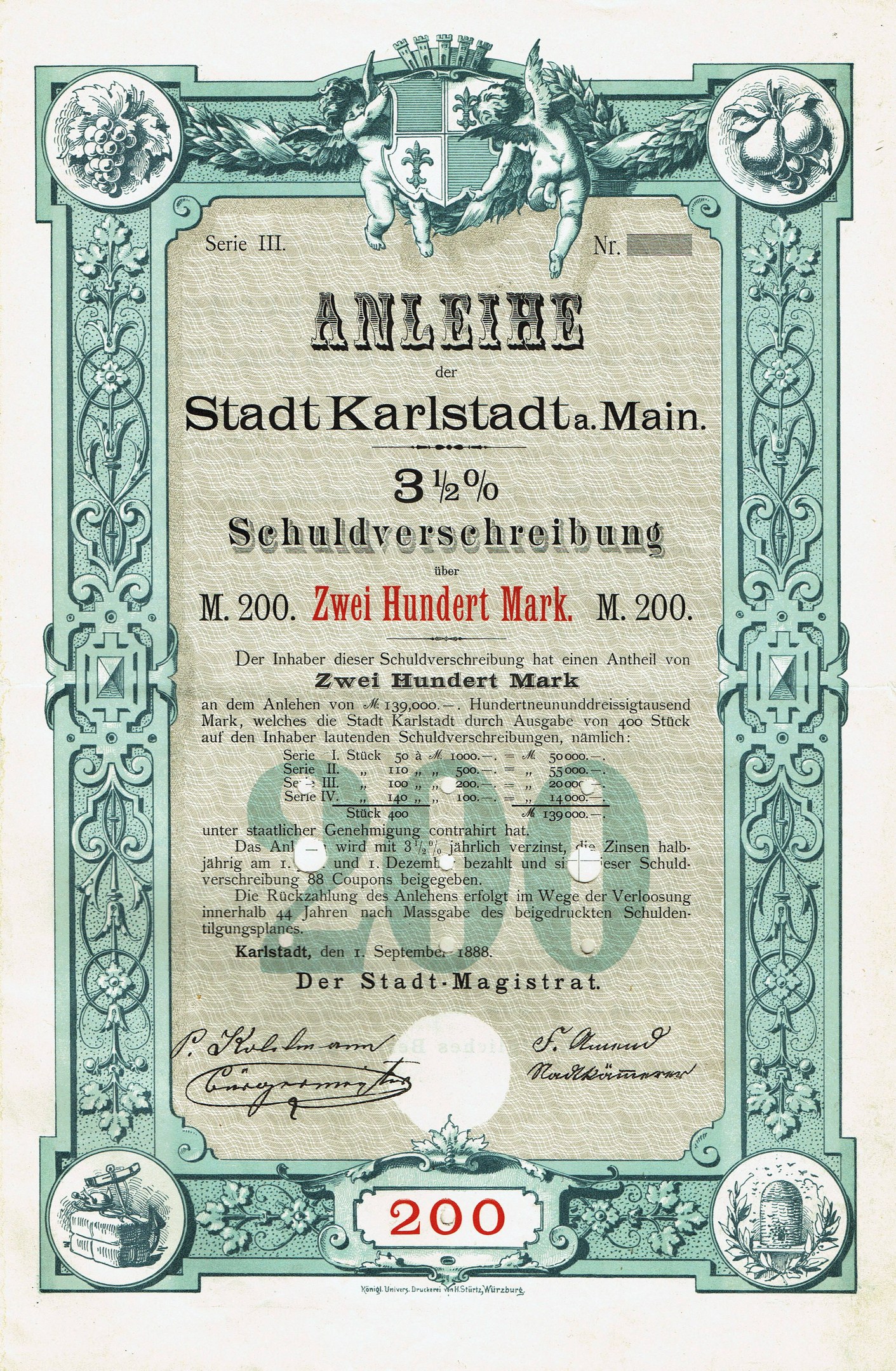 Altes Aktienzertifikat mit Porträt eines Mannes, mit gedrucktem Text und numerischen Werten, die Aktien Details angeben.