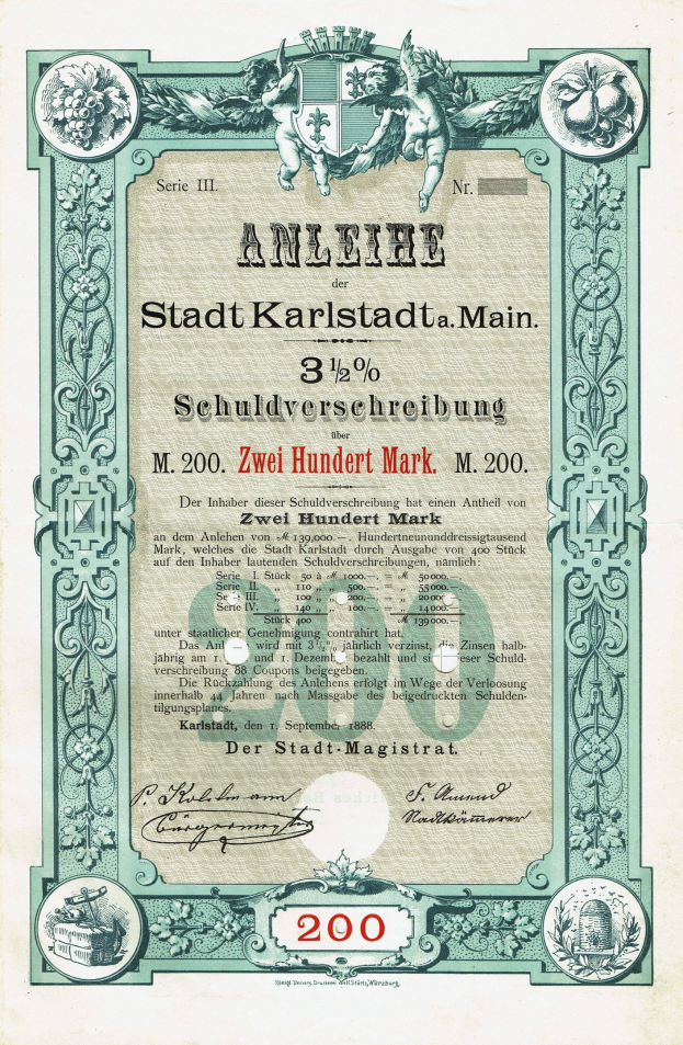 Altes Aktienzertifikat mit Porträt eines Mannes, mit gedrucktem Text und numerischen Werten, die Aktien Details angeben.