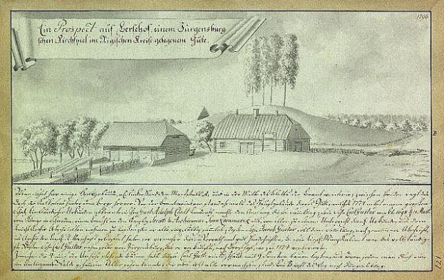 Ein altes Dokument mit einer Zeichnung eines Hofes in einem Feld, umgeben von Häusern, Bäumen und einem Himmel, mit der Aufschrift "Surgensburg, Deutschland - Landschaft eines Hofes".