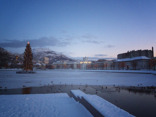 Eine Winterlandschaft mit Gebäuden, Häusern, Bäumen, Bergen und Schnee im Hintergrund, ein Weihnachtsbaum mit Lichtern auf der linken Seite und Vögel auf einem Gewässer in der Mitte, unter einem teilweise bewölkten Himmel.