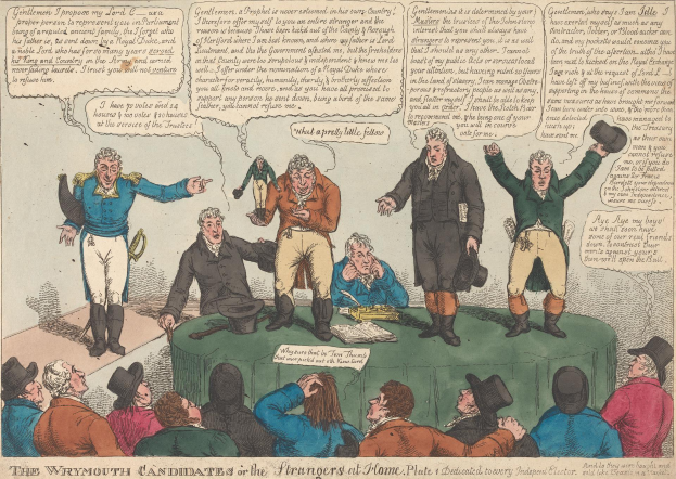 Eine Karikatur von Menschen, die um einen Tisch sitzen, mit verstreuten Papieren und Gegenständen, mit dem Text "Die Wrymouth-Kandidaten oder die Produzenten zu Hause" unten.