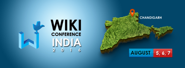 Ein detaillierter Kartenausschnitt von Indien mit "Wiki Conference India 2016" in fetter Schrift, wobei Chandigarh als Veranstaltungsort hervorgehoben wird.