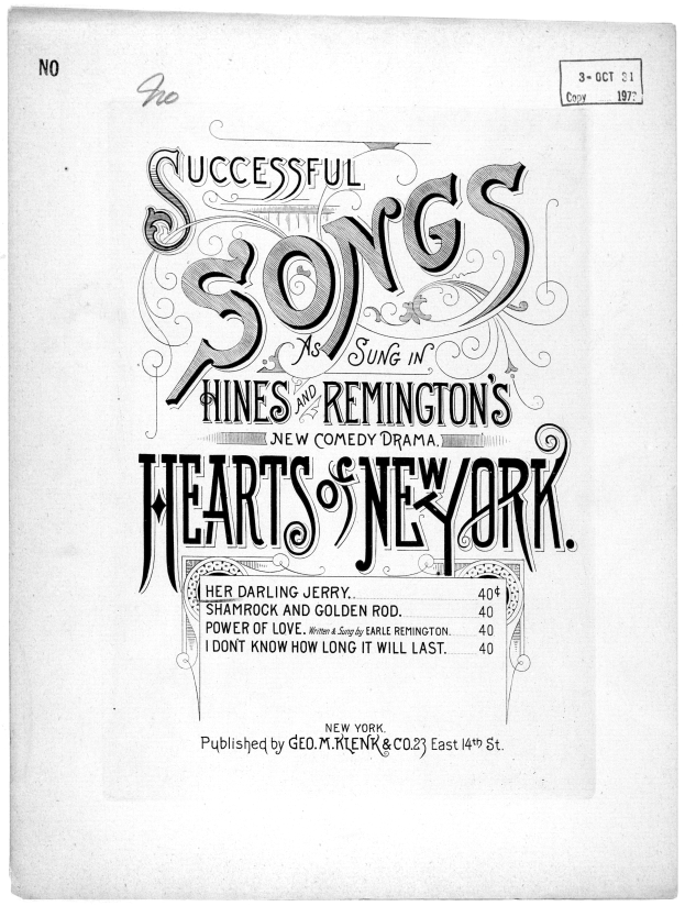 Ein Schwarz-Weiß-Plakat mit der Aufschrift "Erfolgreiche Lieder wie in Hines und Remingtons Herzen von New York gesungen."