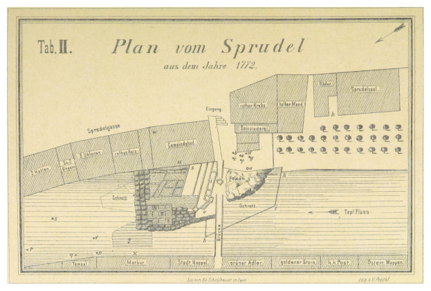 Ein Plakat mit einem Stadtplan von Spruidel, Deutschland, und begleitendem Text, der weitere Details zur Stadt enthält.