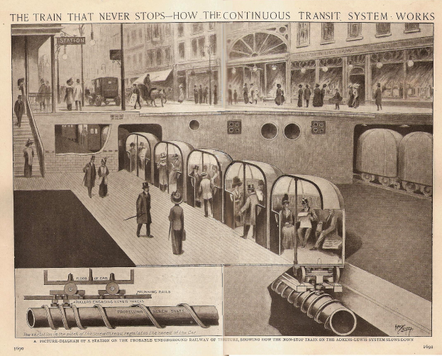 Ein Bild mit Fotos von Menschen, Zügen und anderen Gegenständen sowie einem Text mit der Überschrift "Der Zug, der nie aufhört - so funktioniert das ständige Transportsystem".