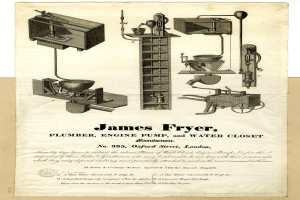 Papier mit Bildern von James Fryer, einem Installateur, einer Motorenpumpe und einer Toilette, begleitet von beschreibendem Text.