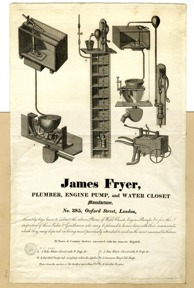 Papier mit Bildern von James Fryer, einem Installateur, einer Motorenpumpe und einer Toilette, begleitet von beschreibendem Text.