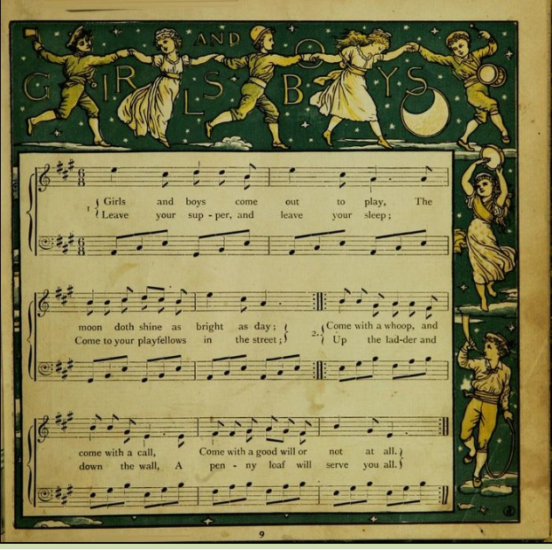 Ein Blatt Papier mit einem Bild von Kindern, die fröhlich in bunten Kleidern tanzen, begleitet von einer Notenblätter mit dem Titel "Jungs und Mädchen".