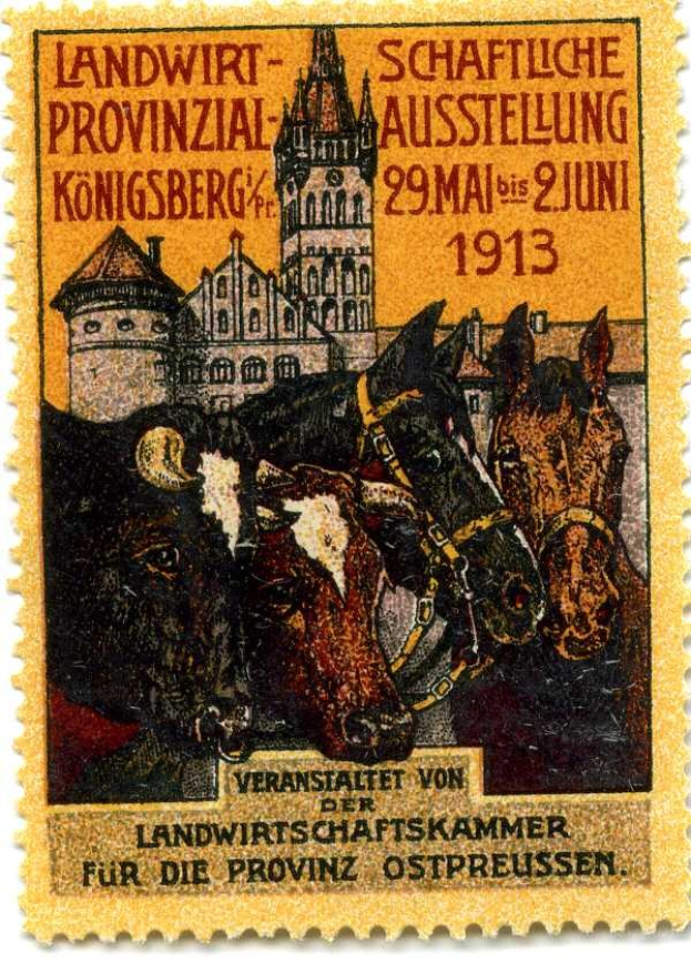 Deutscher Briefmarkenstempel aus etwa 1913 mit drei Kühen und einer Burg, mit der Aufschrift "Landwirtschaftskammer."