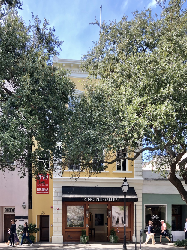Gruppe von Menschen, die auf einem Gehweg vor der Principle Gallery in Charleston, SC, gehen, mit Topfpflanzen, einer Straßenlaterne, einem Schild, einer Fahne, einem Flaggenmast und einem bewölkten Himmel.