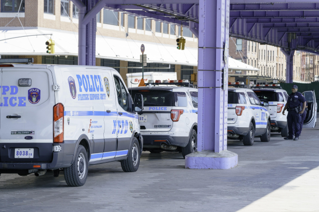Polizeifahrzeuge entlang einer Stadtstraße geparkt mit einer Person in der Nähe, Gebäude und eine Brücke im Hintergrund.