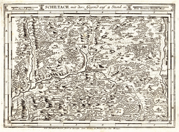Ein detailliertes Papiertiefstreckennetz von Schiltach, Deutschland, das Straßen, Gebäude und andere Stadtmerkmale zeigt, mit Text oben und unten.