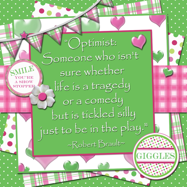 Plakat mit einem Zitat von Robert Brault über Optimismus, eingerahmt von dekorativen Fahnen und einer Blume.