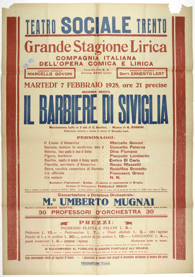 Plakat für ein Konzert im Teatro Sociale Trento in Rom, Italien, mit Text, der das Ereignis beschreibt.